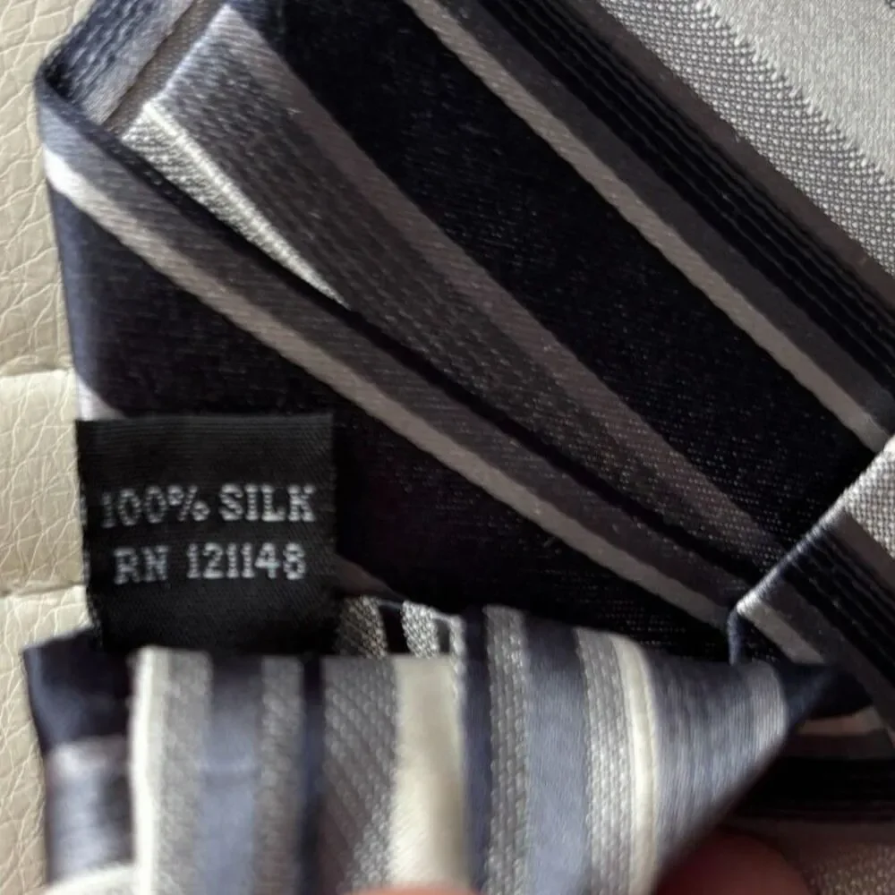 CK Calvin Klein Men's 100% Silk Gray Blue White Striped Necktie Classic Tie